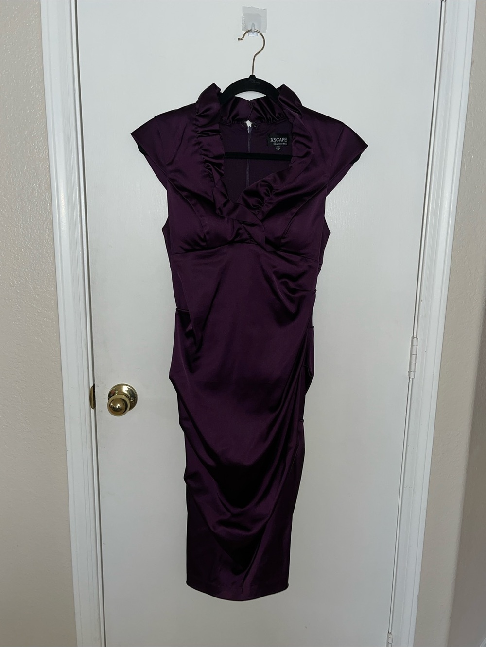 Xscape Plum Satin Ruffle-Trim Midi Dress